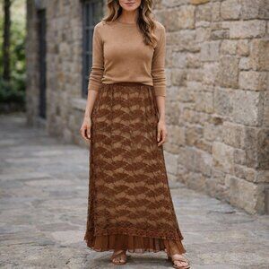 Y2K Brown Floral Mesh Lace Maxi Skirt Ruffles Fairy Whimsical Size Large Women's